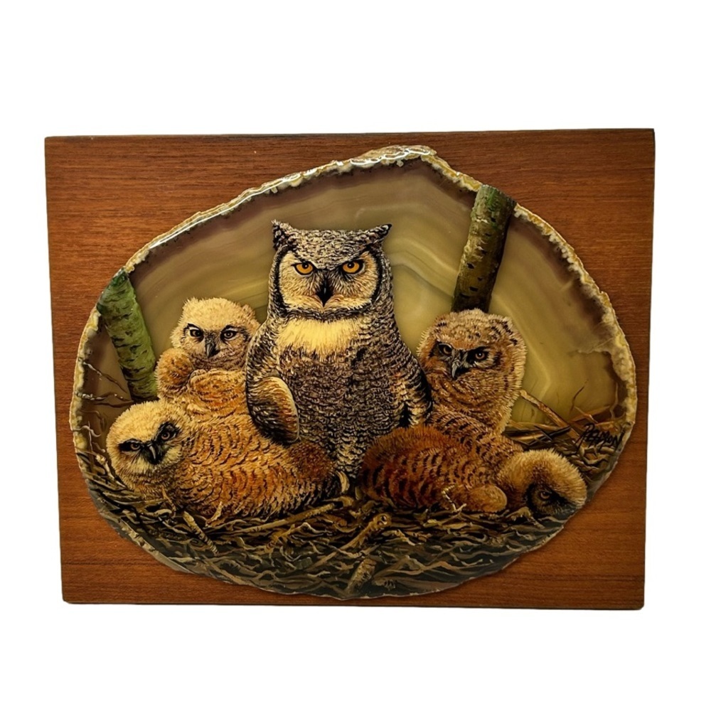 Signed Oil Painting Of Owls On Agate Slab Wooden Wall Plaque